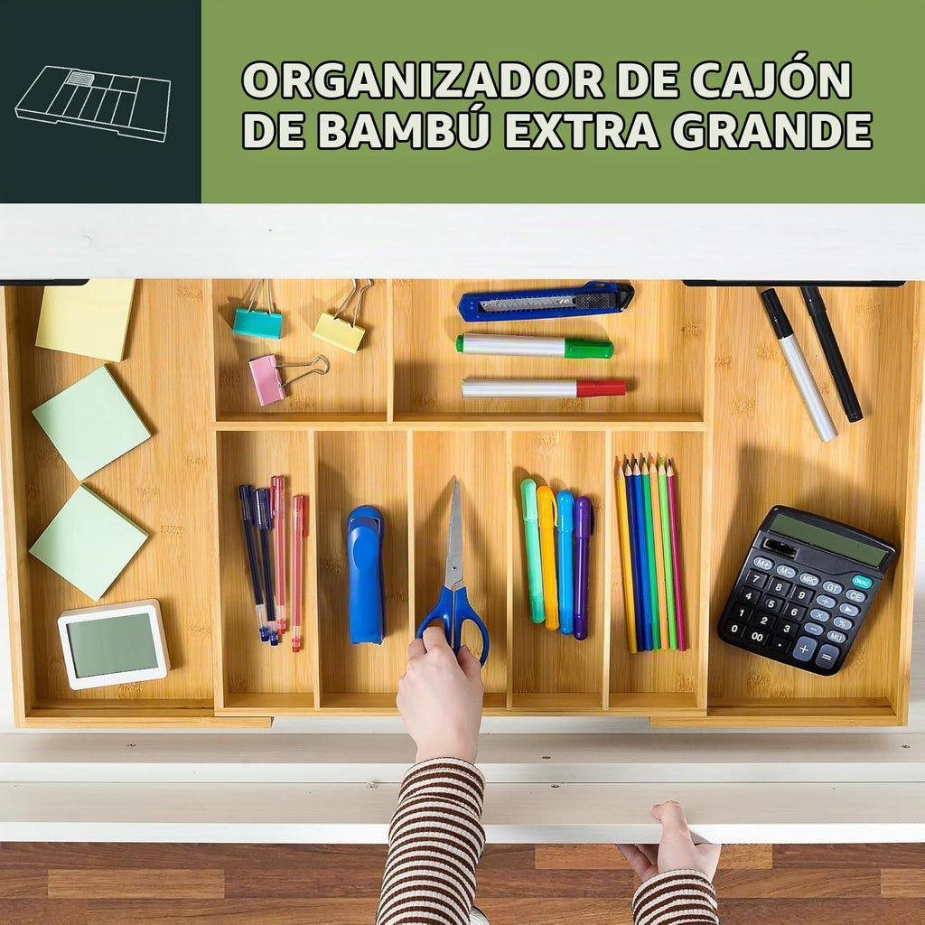 VaeFae Soporte para utensilios de cocina extra grande, organizador de cajones de cubiertos de bambú, organizador de cubiertos expandible con bloque de cuchillos, divisor de cajones multifuncional