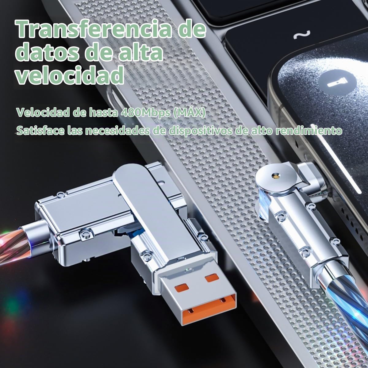 Paquete de 2 cables USB-C iluminados, cargador LED de 6.6 pies, cable de