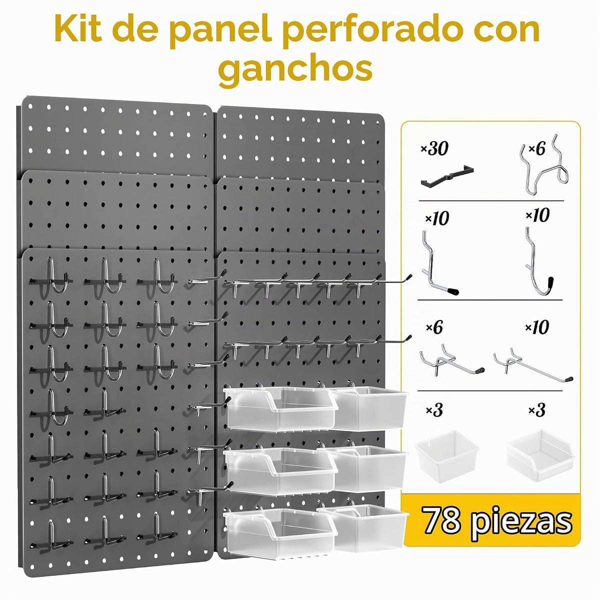 Kit organizador de tablero perforado, paquete de 6 paneles de metal de