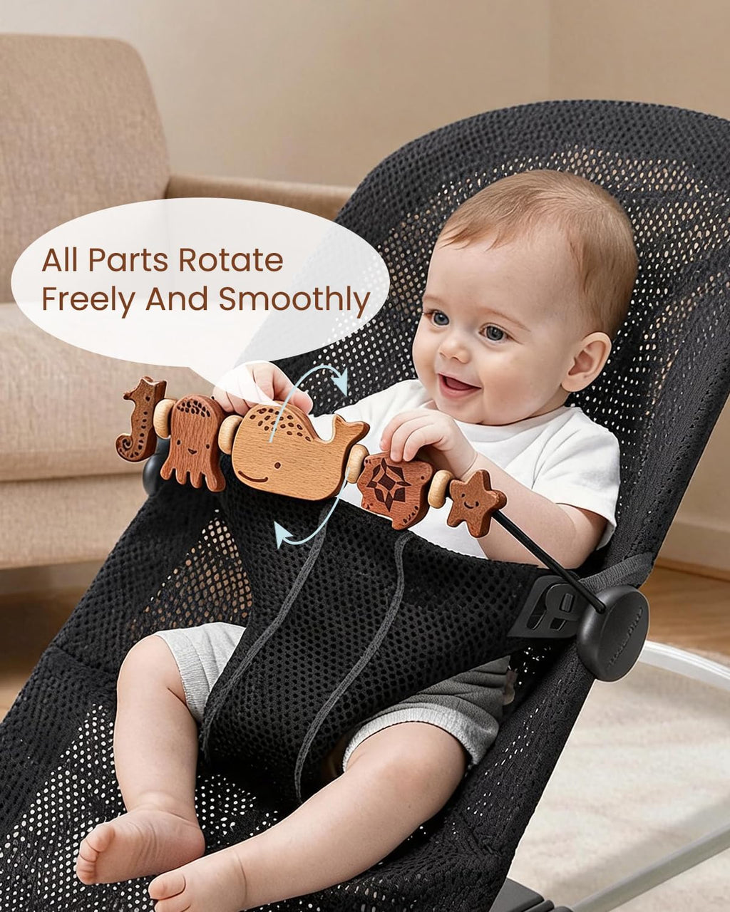 Baby Bouncer Toy Bar de madera con espejo, animales marinos