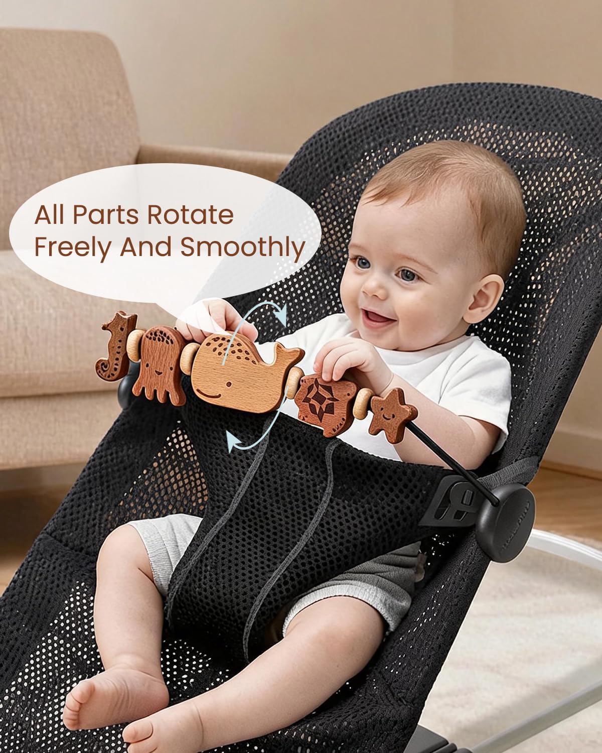 Baby Bouncer Toy Bar de madera con espejo, animales marinos