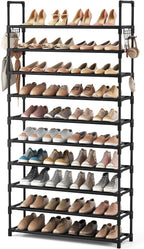 VTRIN Zapatero de 10 niveles, organizador de zapatos alto de gran capacidad con dos ganchos, estante de zapatos de metal resistente para entrada, armario, dormitorio
