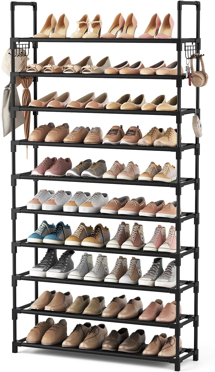 VTRIN Zapatero de 10 niveles, organizador de zapatos alto de gran capacidad con dos ganchos, estante de zapatos de metal resistente para entrada, armario, dormitorio