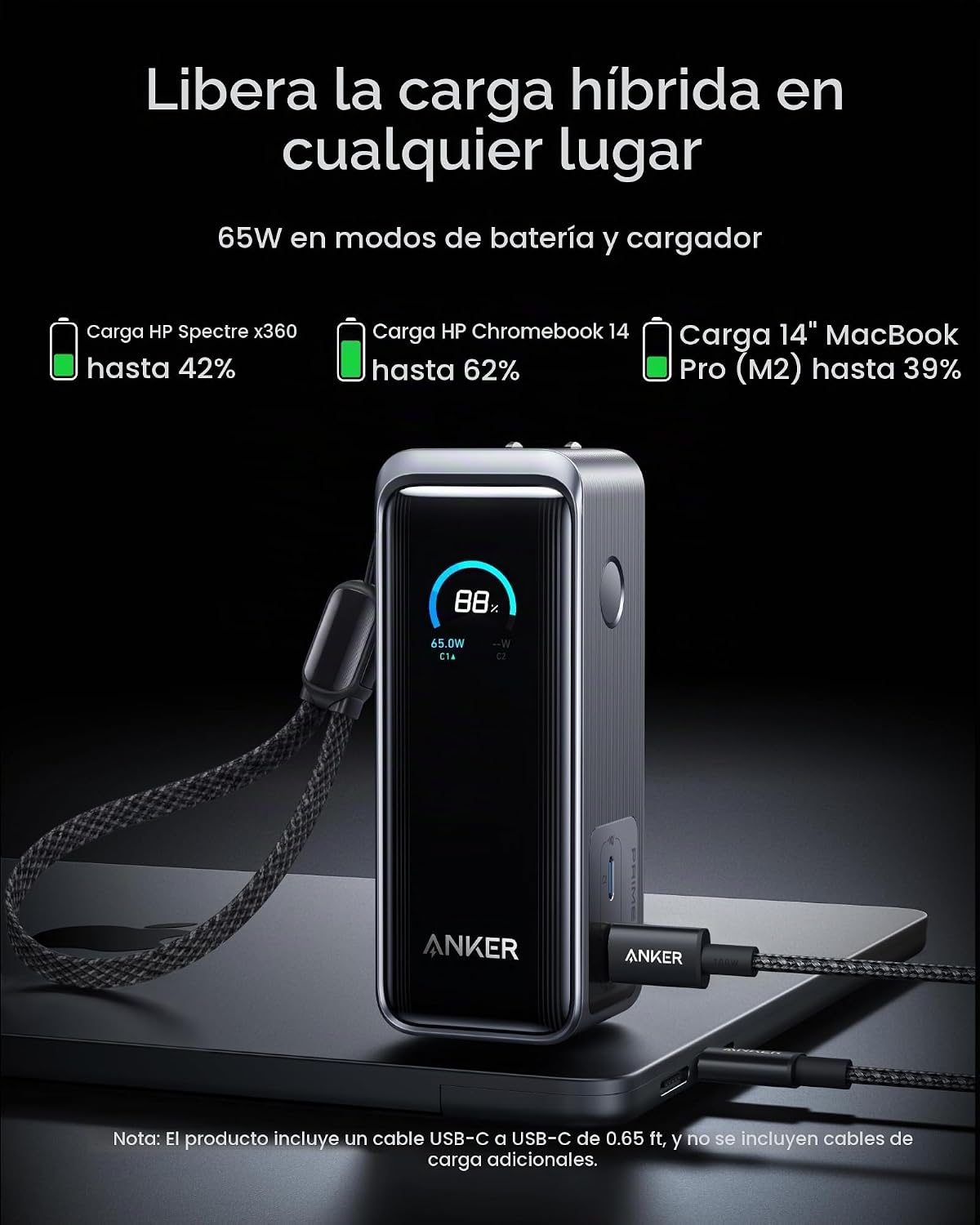 Anker Prime Power Bank, 9,600mAh 65W, enchufe de CA incorporado