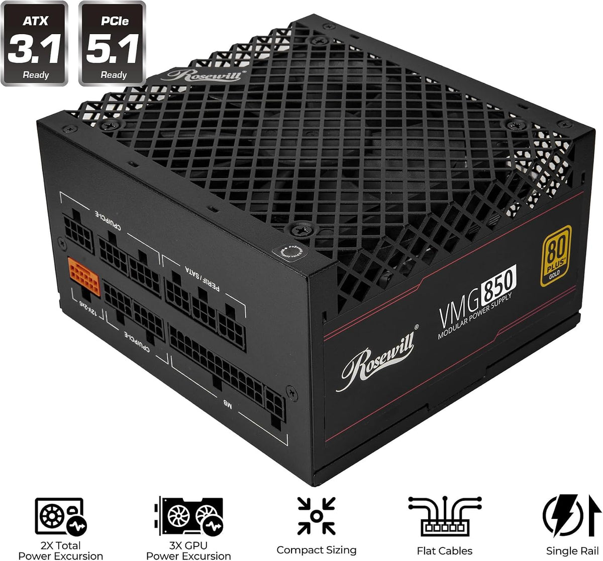 Rosewill VMG 850W 80+ Gold, Compatible con ATX 3.0 y 3.1, Fuente de...