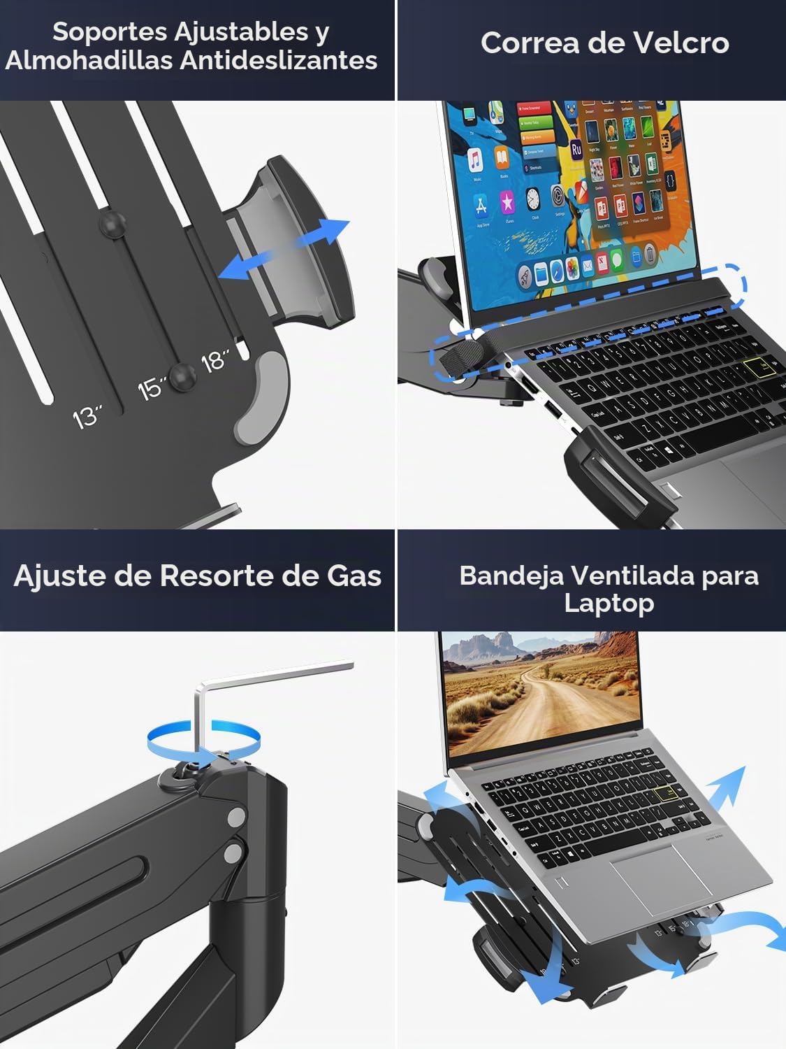 suptek - Soporte de escritorio para laptop, soporte de montaje para monitor y laptop totalmente ajustable para portátil de 13 a 18 pulgadas y pantalla de monitor de 17 a 35 pulgadas
