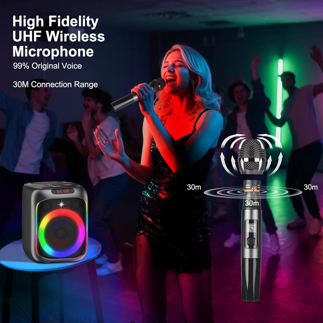 Máquina de karaoke con 2 micrófonos inalámbricos, altavoz Bluetooth...