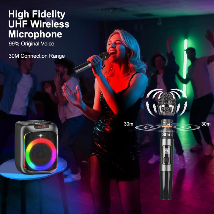 Máquina de karaoke con 2 micrófonos inalámbricos, altavoz Bluetooth...