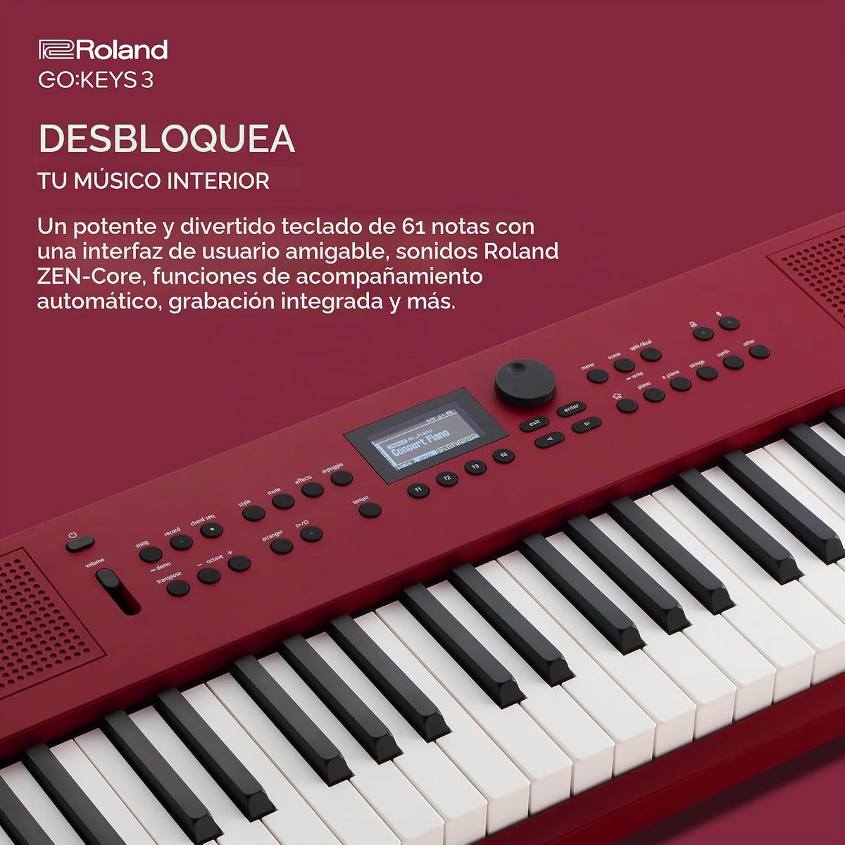 Roland GO:KEYS 3 Teclado de creación de música | Teclado de 61 notas | Altavoces estéreo integrados | Soporte Bluetooth de audio/MIDI para transmisión de música - Rojo oscuro