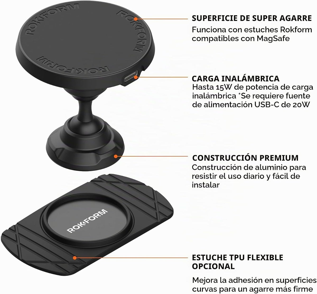 Rokform Cargador de coche inalámbrico magnético, soporte giratorio