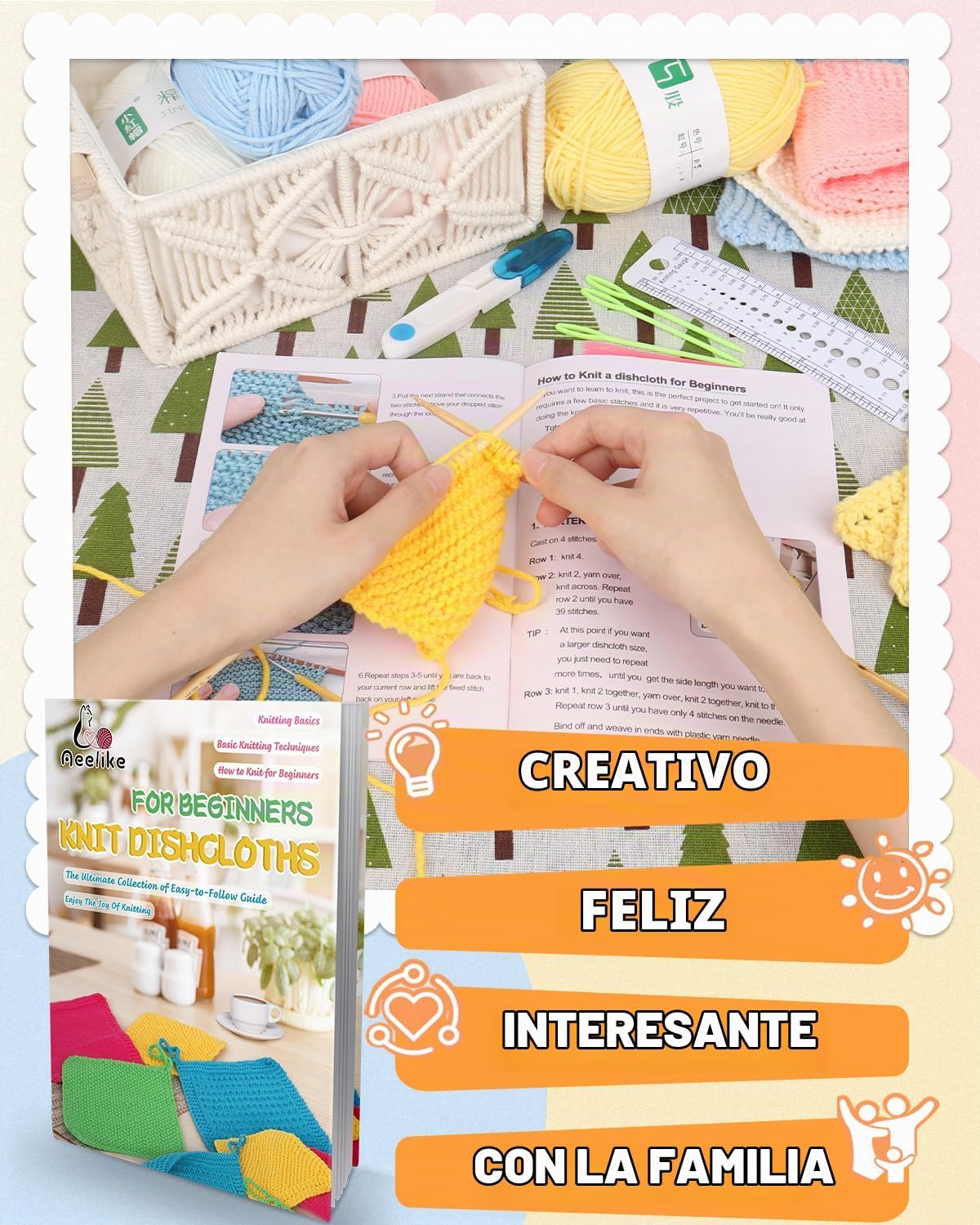 Aeelike Kit de Tejido para Principiantes Adultos, Set Fácil de Tejer Paños de Cocina, Color B