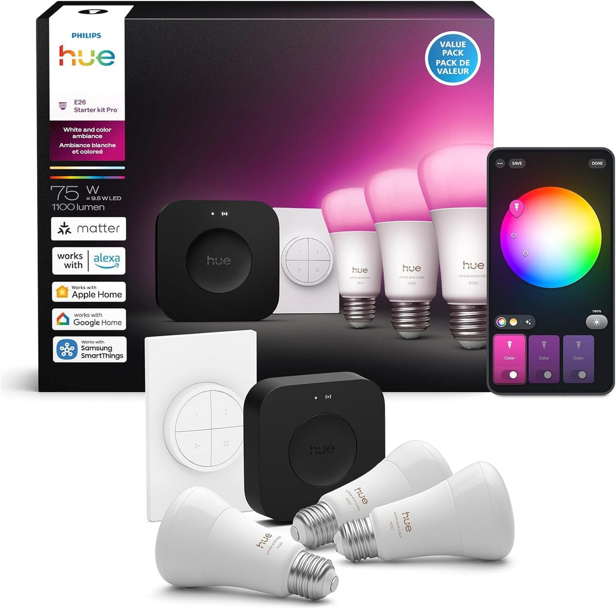 Philips Hue Starter Kit: Bridge Pro + 3 bombillas inteligentes A19 E26 + interruptor de marcación de grifo, ambiente blanco y color, concentrador de luz inteligente, funciona con voz