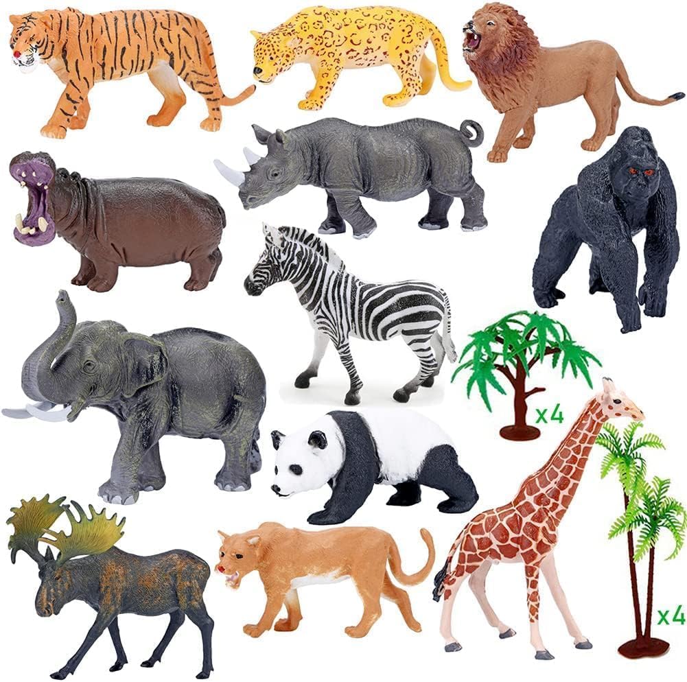 BOLZRA Figuras de animales de safari con tapete de juego de actividades y caja de almacenamiento, juego gigante de plástico realista con león, elefante, selva, zoológico, animales salvajes, juguetes