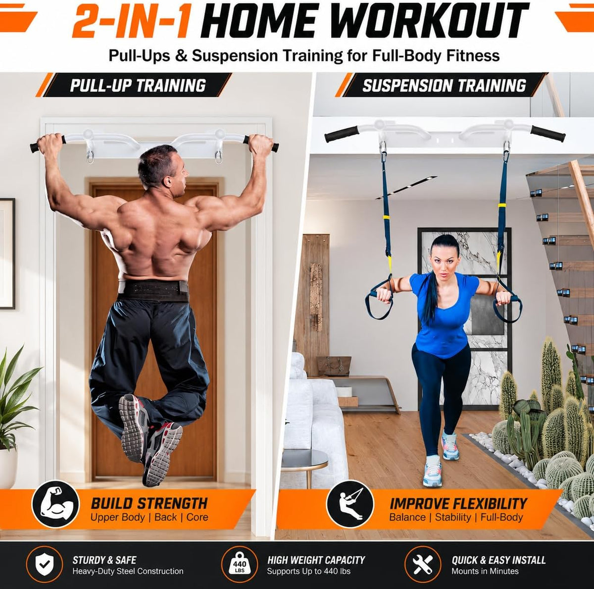 Barra de Dominadas de Pared - Barra de Dominadas de Alta Resistencia para Colgar, Barra de Tiro para Garaje, Montaje en Mared - Barra de Fitness Multifuncional, Soporta hasta 600 Lbs