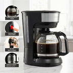 OVENTE Cafetera de goteo para 12 tazas con interruptor Easy On/Off, negra CM412B