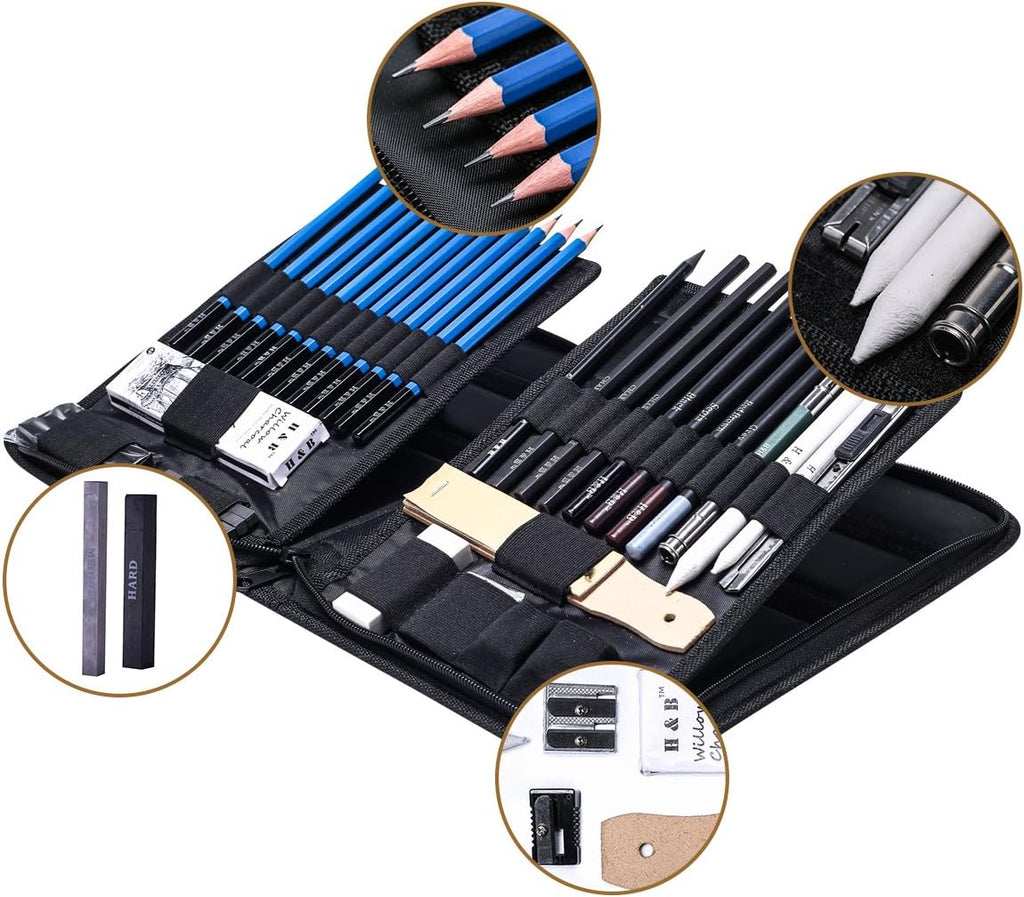H & B Kit de dibujo profesional de 40 piezas, kit completo de artista, incluye lápices de grafito, pasteles, sacapuntas y borrador