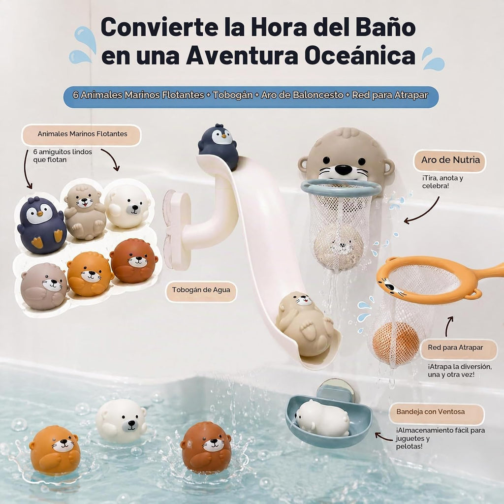 Juguetes de baño para mayores de 3 años, sin agujero, 6 animales marinos flotantes con tobogán de agua, aro de baloncesto y red de atrapación, juguetes de bañera para niños y niñas, juguetes de agua
