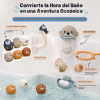 Juguetes de baño para mayores de 3 años, sin agujero, 6 animales marinos flotantes con tobogán de agua, aro de baloncesto y red de atrapación, juguetes de bañera para niños y niñas, juguetes de agua