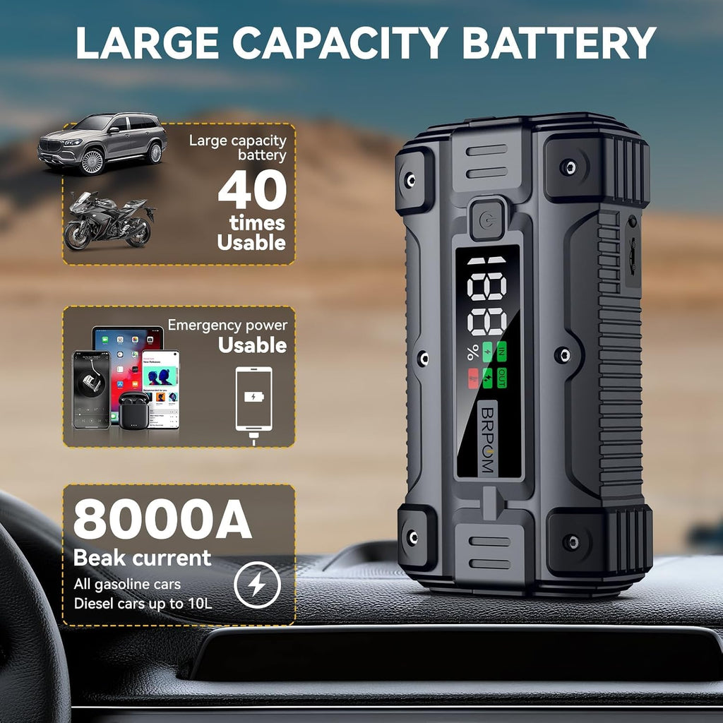 Arrancador de coche, pico de 8000 A (hasta todo el motor de gasolina o diésel de 10.0 L, 50 veces) 12 V cargador de batería de refuerzo automático caja de salto con cargador rápido cables de salto