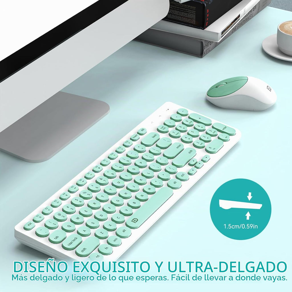 FD Combo de teclado y mouse inalámbricos, USB de 2.4 GHz, IK6630 Verde menta y Blanco