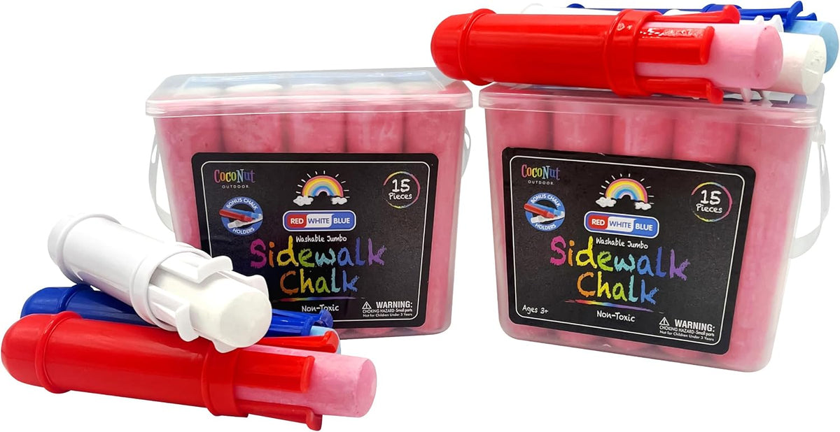 Paquete de 2 cubos de tiza jumbo para acera, 30 piezas, color rojo, blanco y azul, lavable, no tóxico, con 6 soportes, tiza jumbo de 4 pulgadas para aceras, entradas y diversión de dibujo al aire