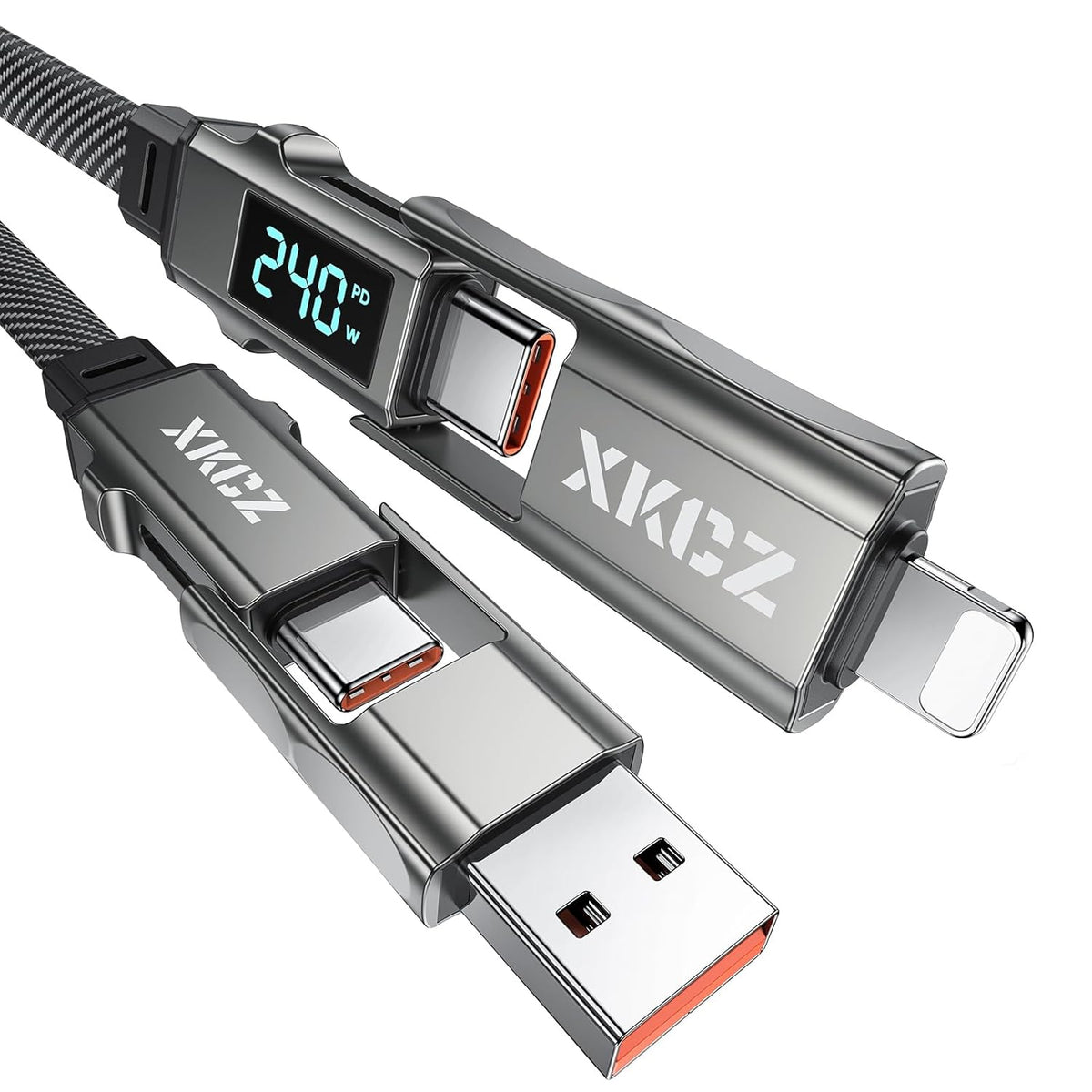 XKCZ Cable USB C 4 en 1 con pantalla de potencia, cable de carga múltiple trenzado de nailon plano de 240 W con sincronización de datos, cable de carga USB C, puerto combinado tipo C/USB A/L para