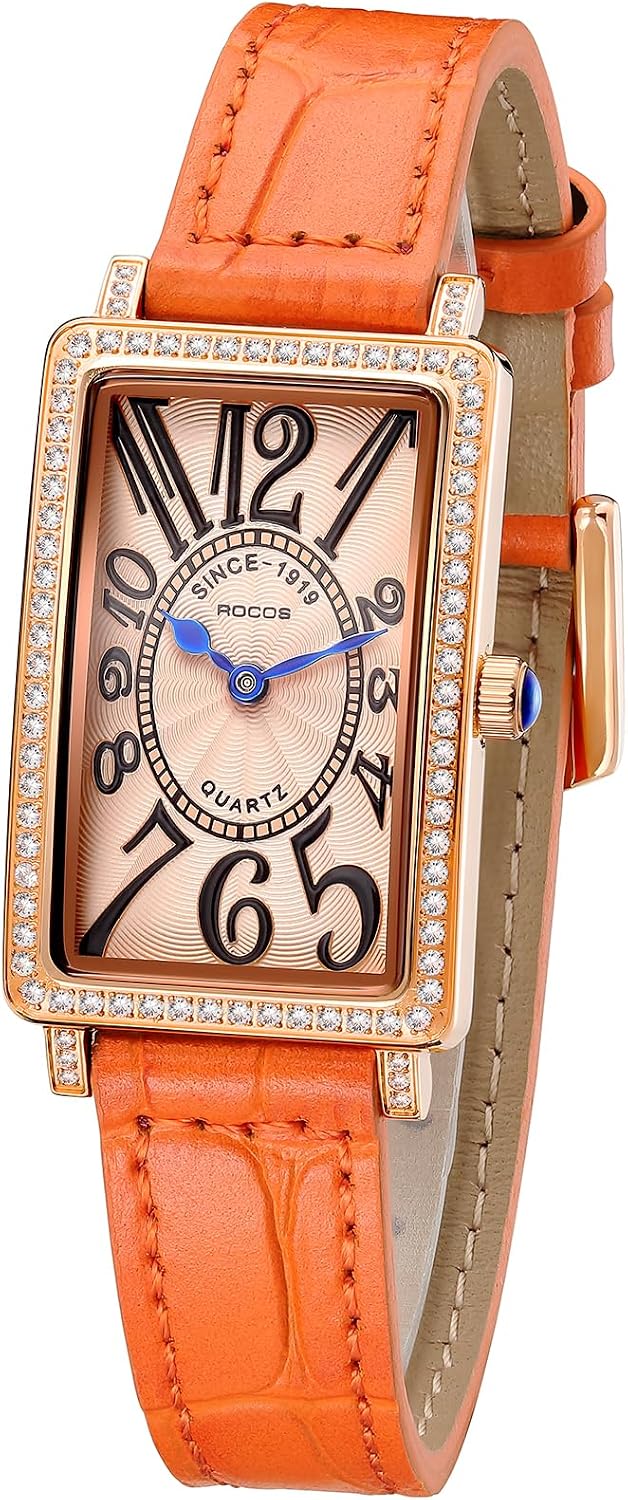 ROCOSJEWE Reloj de Vestir Retro Elegante de Lujo, Reloj Cuadrado de Cuarzo para Dama en Oro Rosado con Bisel con Diamantes Brillantes, Esfera con Números Arábigos Grandes, Correa de Cuero Naranja/Azul, Resistente al Agua, Regalo para Ella