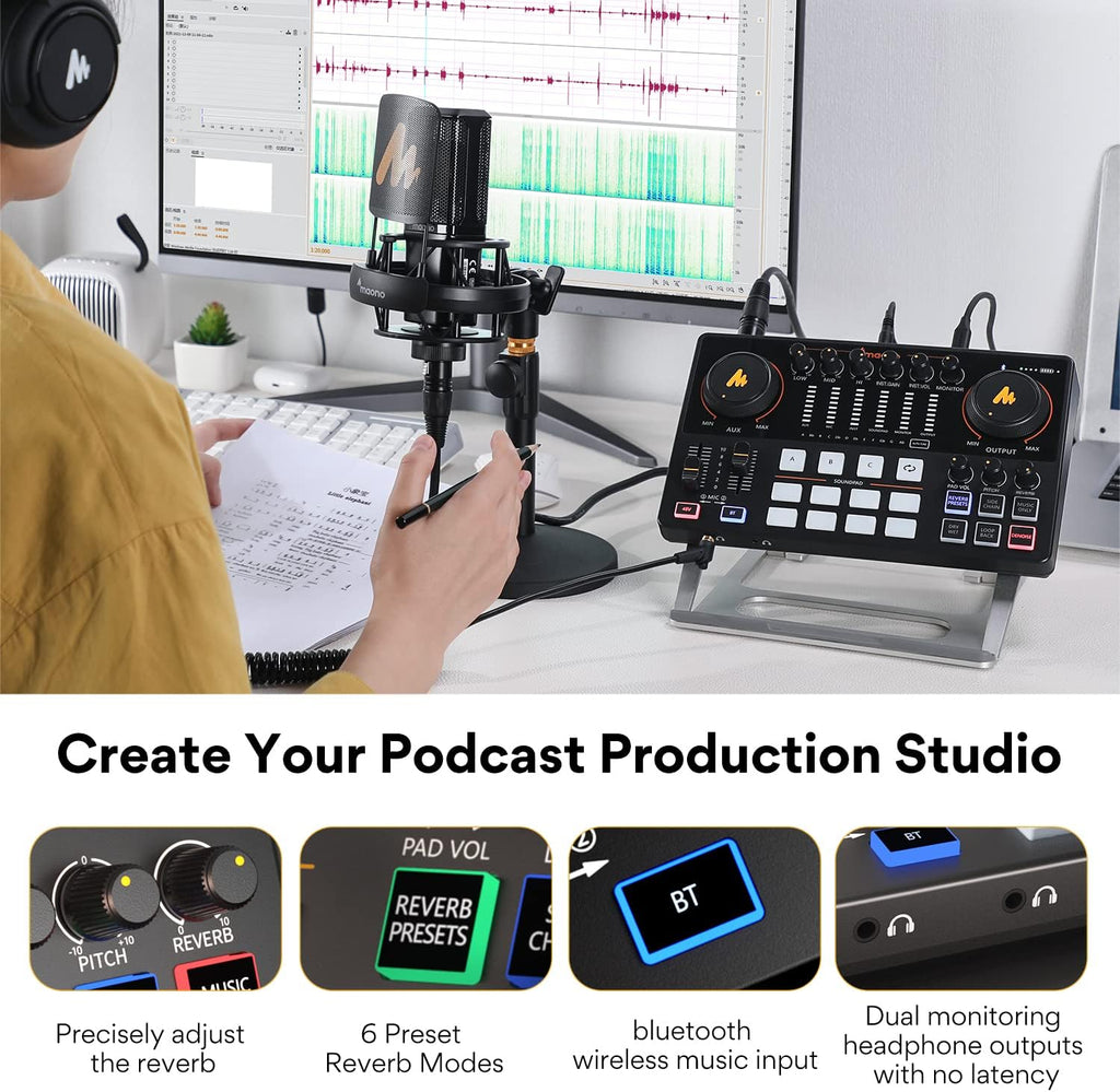 MAONO Mezclador de interfaz de audio AME2, consola de estudio de podcast