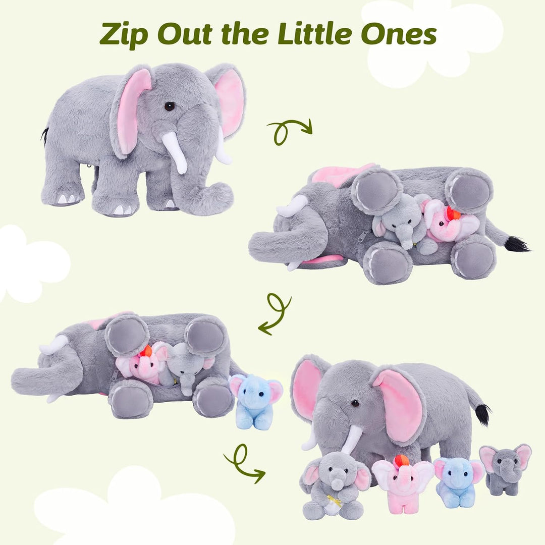 OUOZZZ Animal de peluche de elefante con 4 elefantes bebés, juego d...