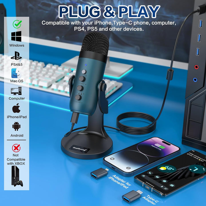ZealSound Micrófono de podcast para PC, micrófono USB con cancelaci...