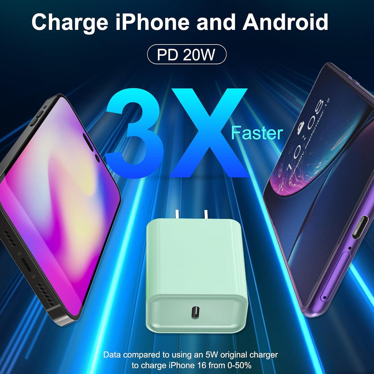 Cargador de carga rápida para iPhone 16 y 15, paquete de 3 cargadores USB C PD de 20 W con cable de 10 pies, cable USB C tipo C para iPhone 16/16 Plus/16 Pro/16 Pro Max/15/15 Pro/15 Pro Max (verde)