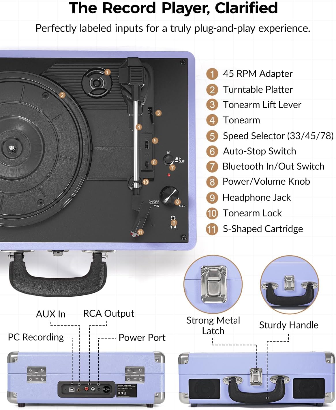 Tocadiscos de maleta, reproductor de vinilo Bluetooth de entrada y