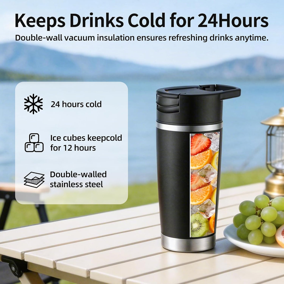 Licuadora portátil con vaso aislado al vacío, licuadora personal recargable inalámbrica de 20 onzas, botella de mezcla de acero inoxidable de 120 W para batidos y batidos, sin BPA, color negro