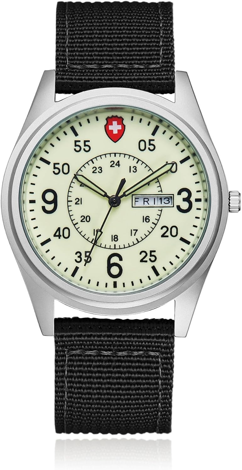 Reloj de cuarzo de campo militar para hombre, esfera luminosa, correa de nailon, reloj de pulsera analógico con pantalla de fecha de día, 3ATM impermeable táctico deportivo casual reloj para