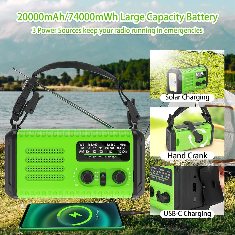 Radio de manivela de emergencia 20000mAh, radio meteorológica de
