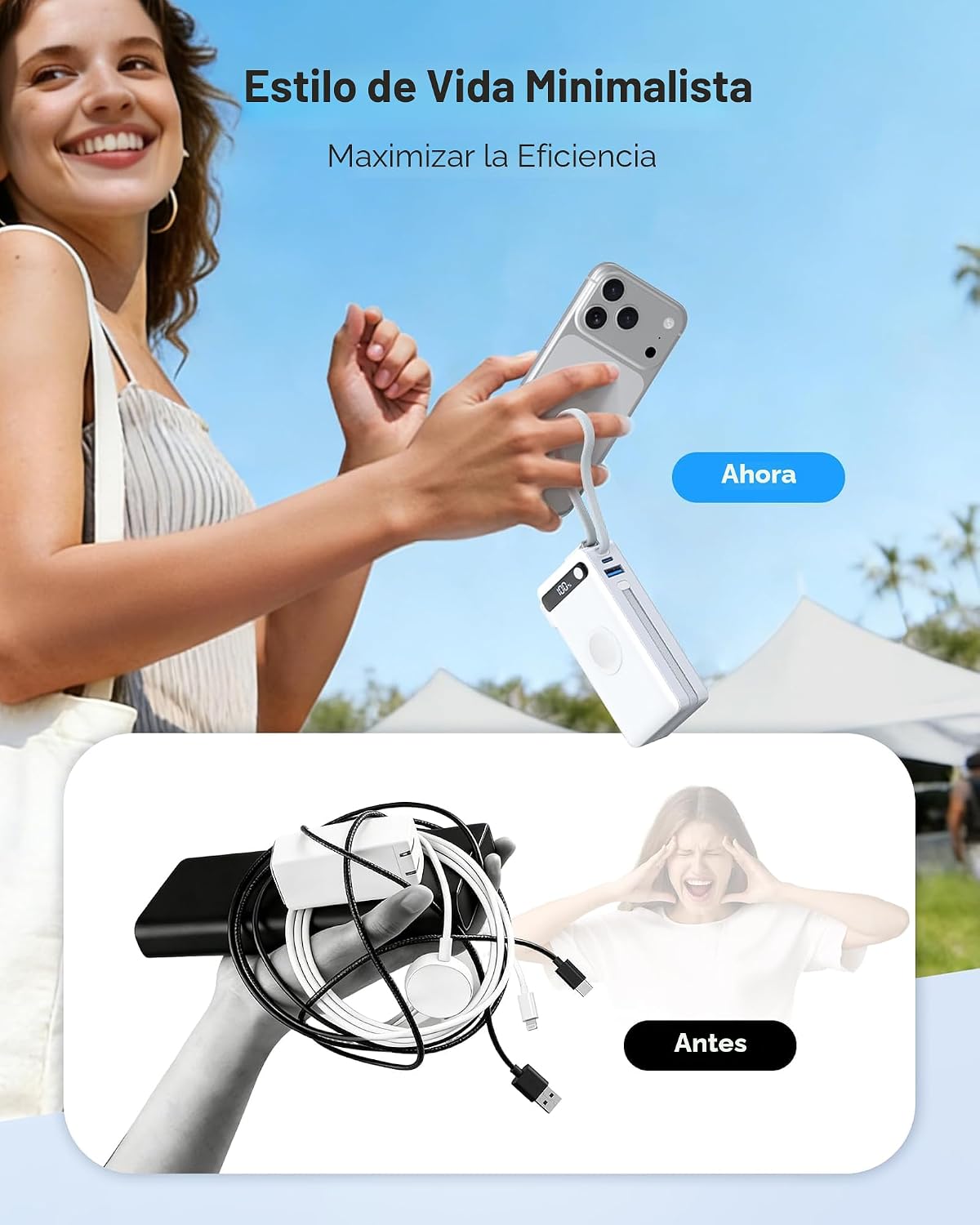 10000mAh 22.5W Power Bank Cargador portátil con cables incorporados...