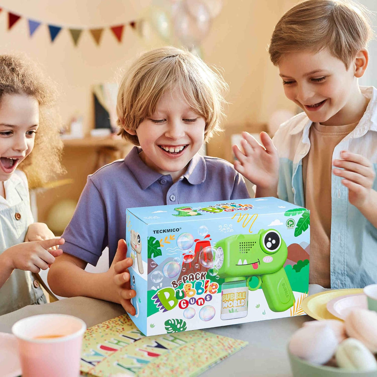 Paquete de 8 pistolas de burbujas, soplador automático de burbujas de dinosaurio para niños, juguetes de verano para interiores y exteriores, cumpleaños, boda, fiesta, regalo