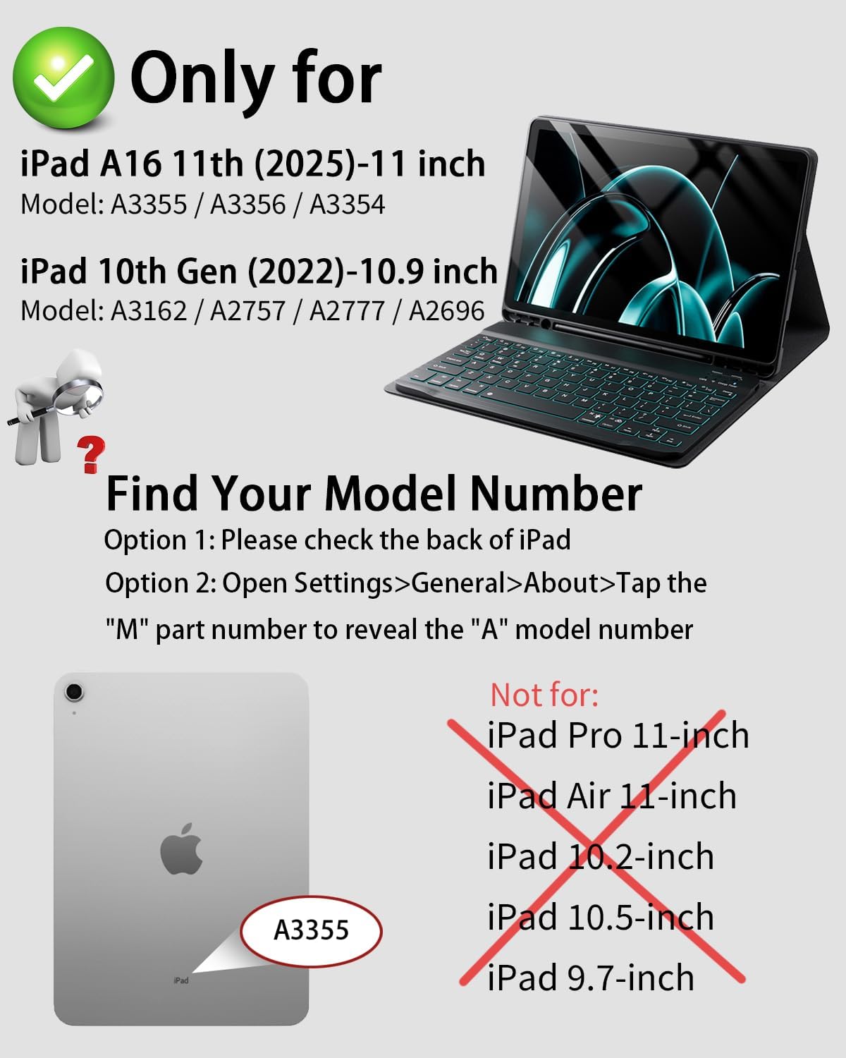 TUNKARMOR Funda para iPad A16 de 11ª/10ª generación con teclado retroiluminado, 7 cambios de color para iPad de 10ª generación 2022 y 11ª generación 2025 A16 de 10.9/11 pulgadas, soporte para lápiz