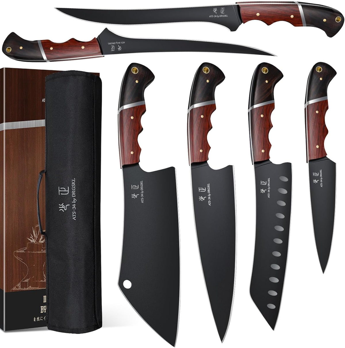 Juego de Cuchillos de Cocina DRGSKL con Bolsa - Set de 6 Piezas para Chef con Mango de Madera
