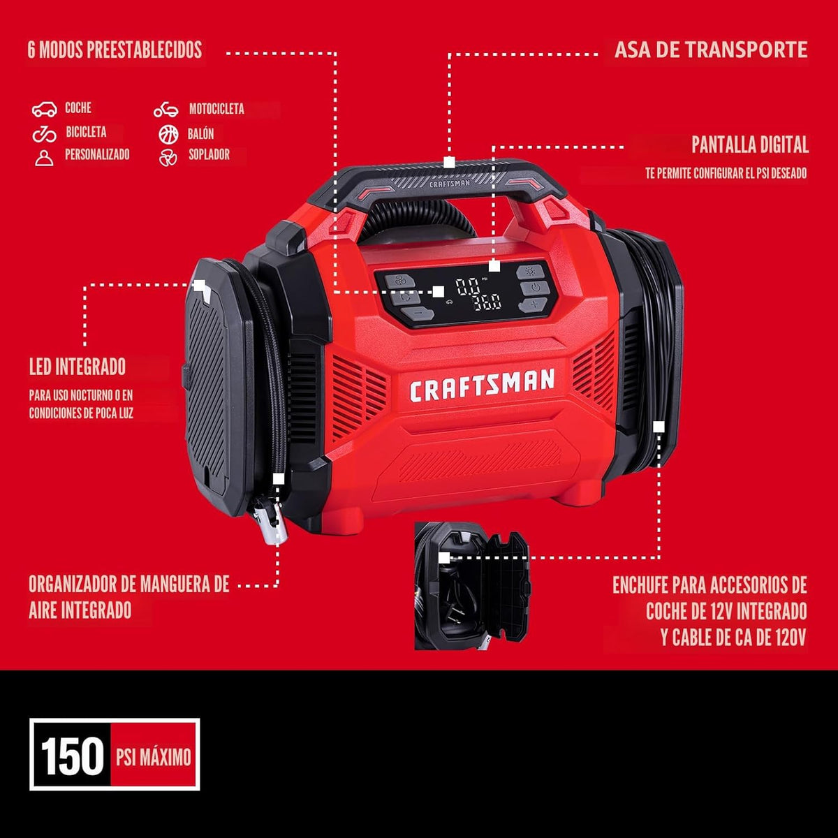 CRAFTSMAN Inflador de neumáticos de doble potencia, compresor de ai...