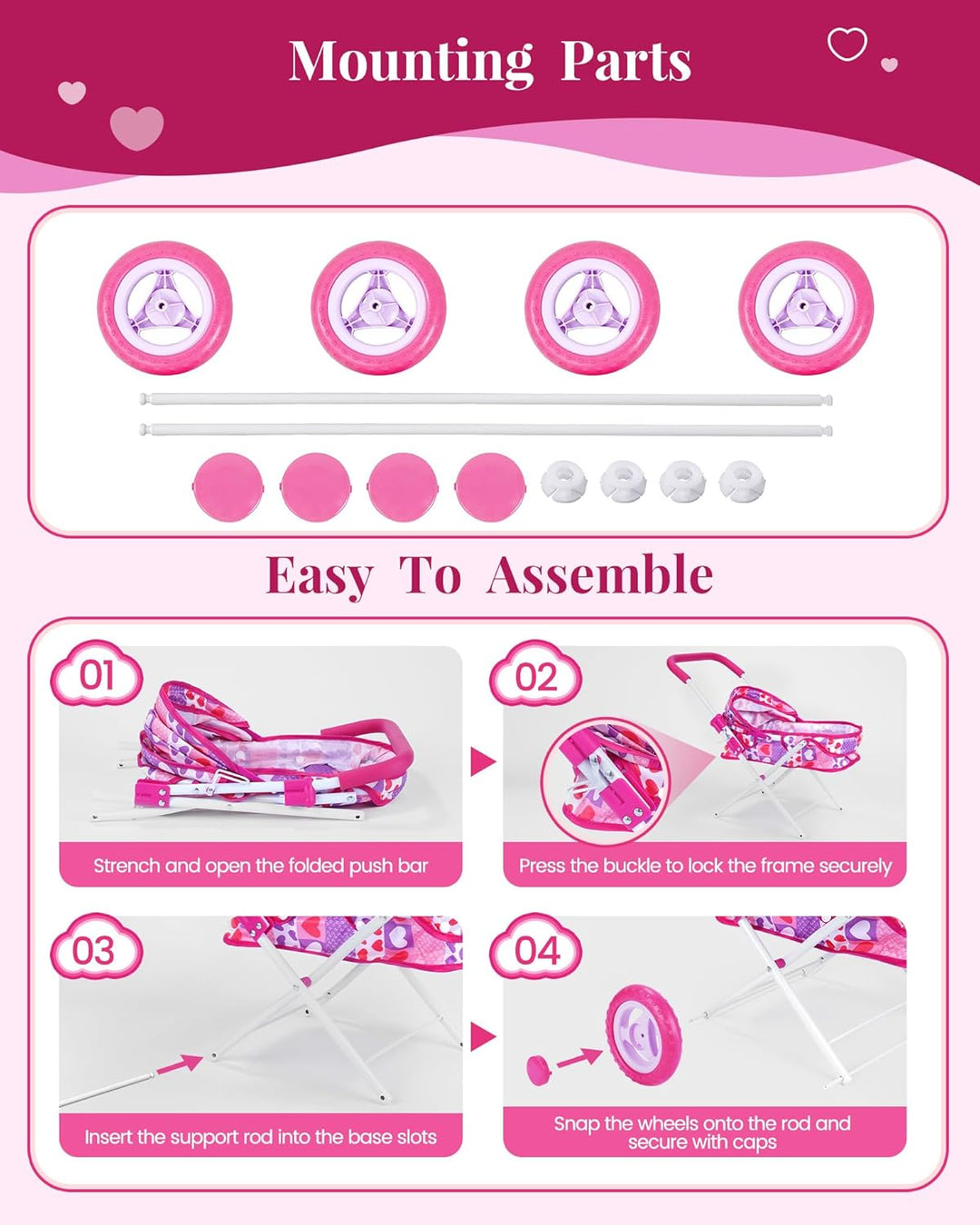 BABESIDE Juego de cochecito de muñeca de bebé, 10 piezas portátil c...