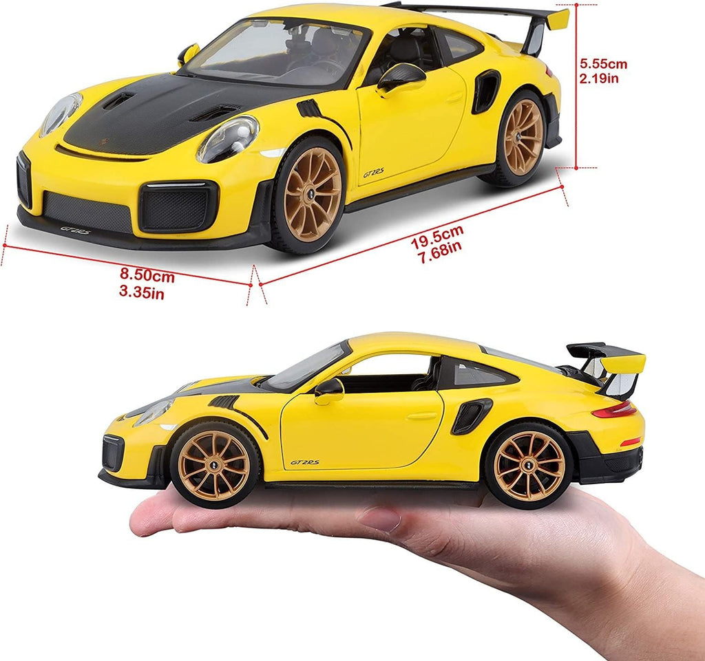 Maisto Porsche 911 GT2 RS Amarillo con Capucha de Carbono y Ruedas Doradas Edición Especial 1/24 Modelo de Coche Fundido a Presión