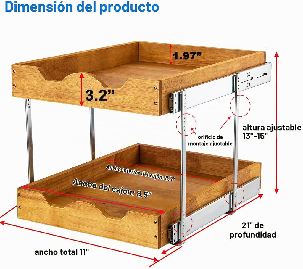 DINDON Organizador de armario extraíble de 2 niveles (11 pulgadas de ancho x 21 pulgadas de profundidad) con cajón deslizante de madera de doble capa para almacenamiento y organización debajo del