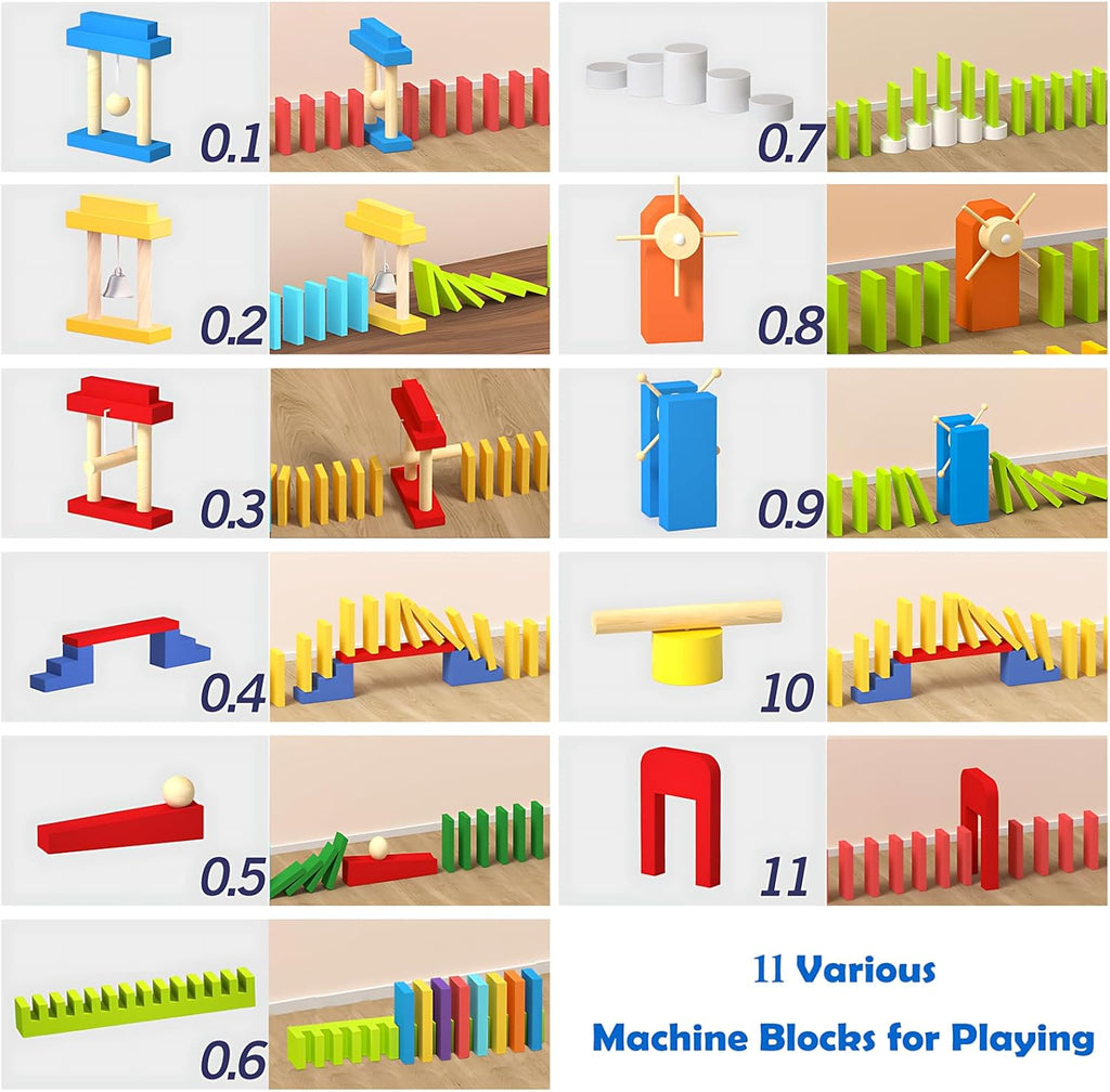 Migargle Juego de dominó de madera de 1200 piezas con 11 bloques de dominó adicionales y bolsa de almacenamiento, juego de carreras de dominó a granel para niños, juguete educativo con temática de dominó