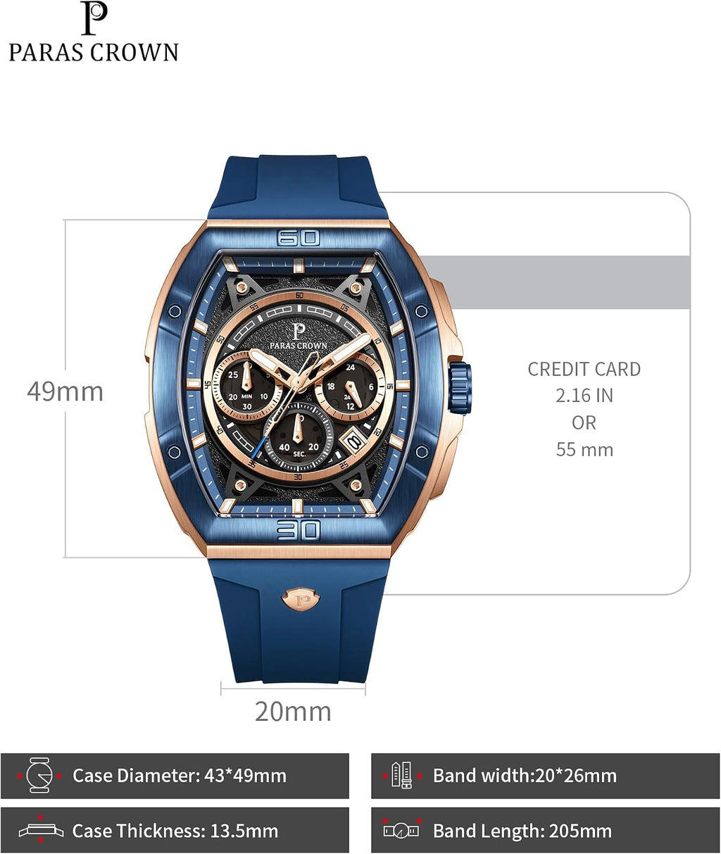 Paras Crown Relojes para Hombre Tonneau 5ATM Resistente al Agua Cuarzo Cronógrafo Analógico Reloj de Pulsera de Lujo para Hombre Caja de Acero Inoxidable Relojes de Hombre