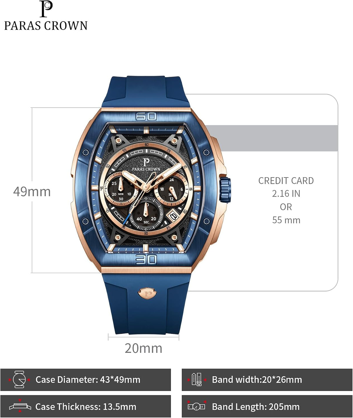 Paras Crown Relojes para Hombre Tonneau 5ATM Resistente al Agua Cuarzo Cronógrafo Analógico Reloj de Pulsera de Lujo para Hombre Caja de Acero Inoxidable Relojes de Hombre