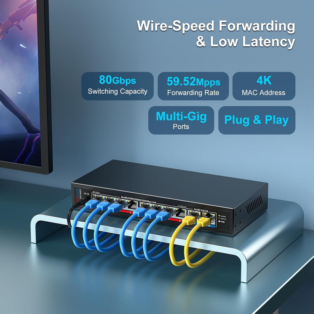 Conmutador Ethernet de 10 Gb con 8 puertos RJ45 de 2.5GbE + 2 puertos RJ45 de 10 GbE, interruptor de red multiGigabit VunLink de 10 puertos no administrado 2.5G/10G, Plug & Play, montaje en escritorio