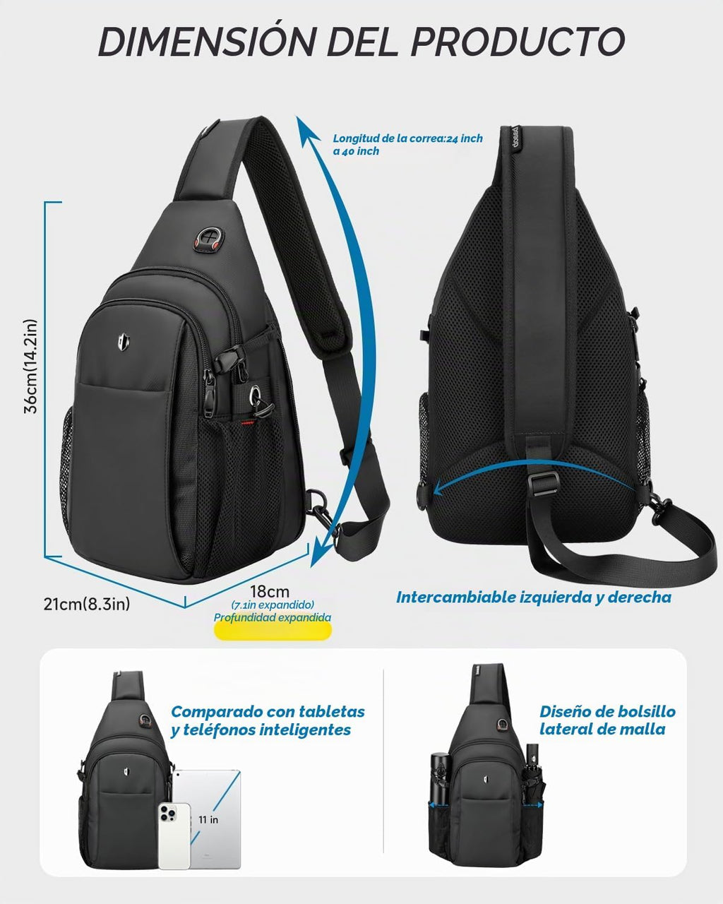 Bolso de porfolio anti-robo para hombre, bandolera expansible cruzada con bolsillo para botella de agua, mochila de viaje que cabe 11” iPad y Switch 2 para traslado diario, negro