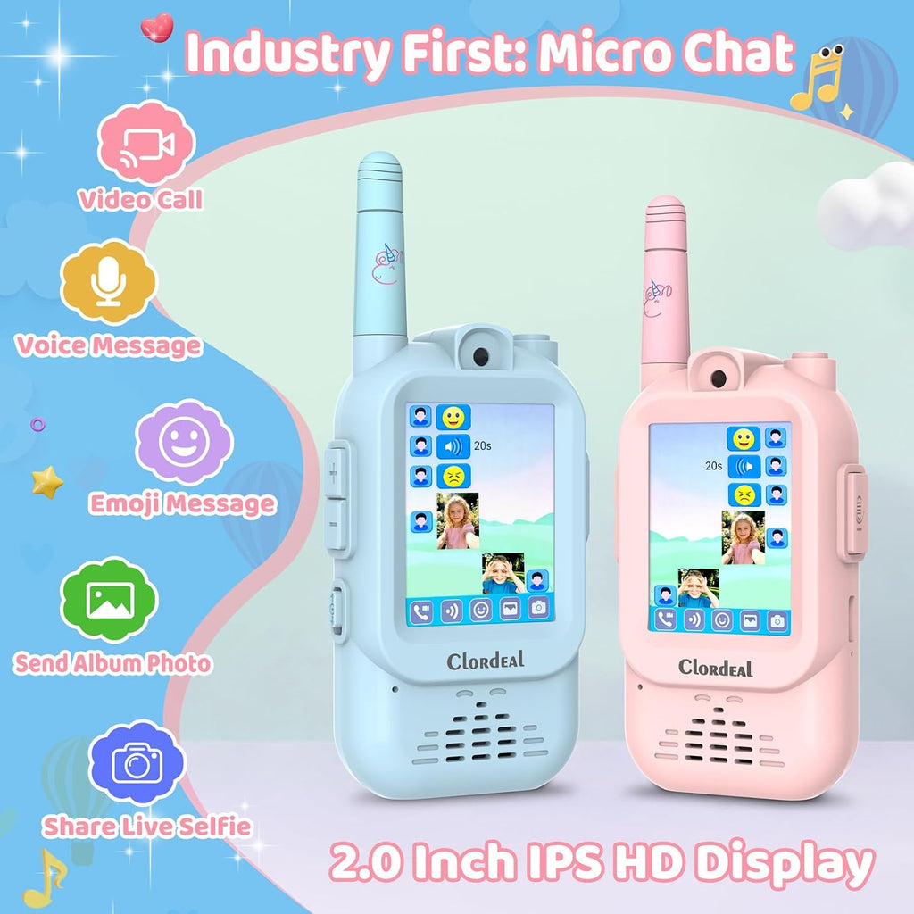 Walkie Talkies de video para niños, con cámara, 5 efectos de voz, filtros y calcomanías creativos, y micro chat, walkie talkie para exploración al aire libre, campamento, patio trasero