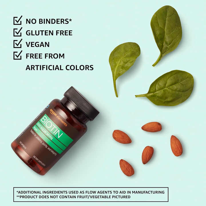 Amazon Elements Biotina vegana de 5000 mcg \u2013 cabello, piel, uñ...